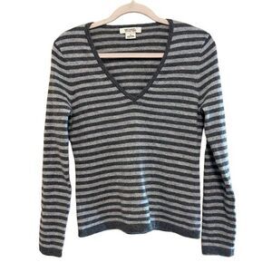 VTG Michael Kors 100% Cashmere  V Neck Sweater Women Medium Gray Stripe Pullover